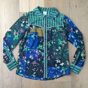 Cabi | Multicolor Green & Blue Toned Blouse with Floral Geometric Print